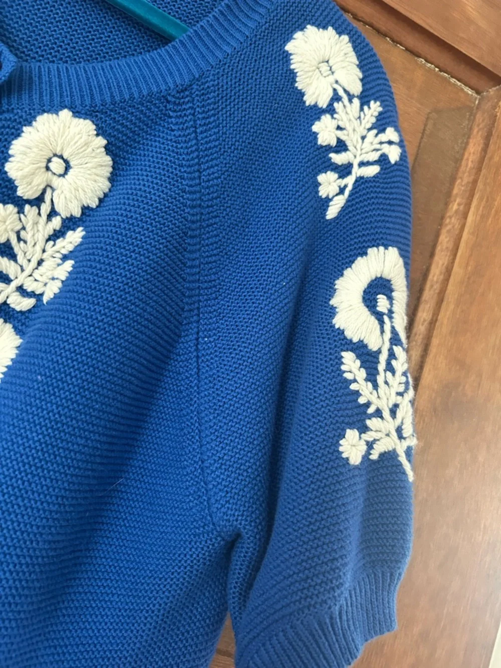 Boden Cobalt Blue Short-Sleeve Cardigan with Cream Floral Embroidery - Picture 4 of 4